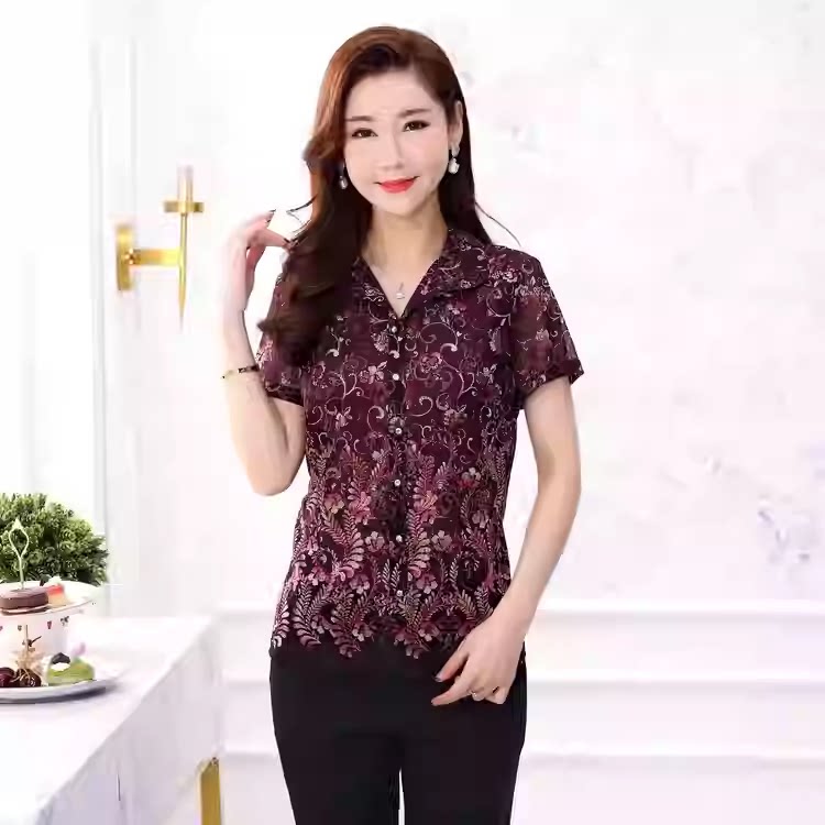夏装t恤台湾印花弹力网纱上衣中年女士短袖修身洋气质妈妈装