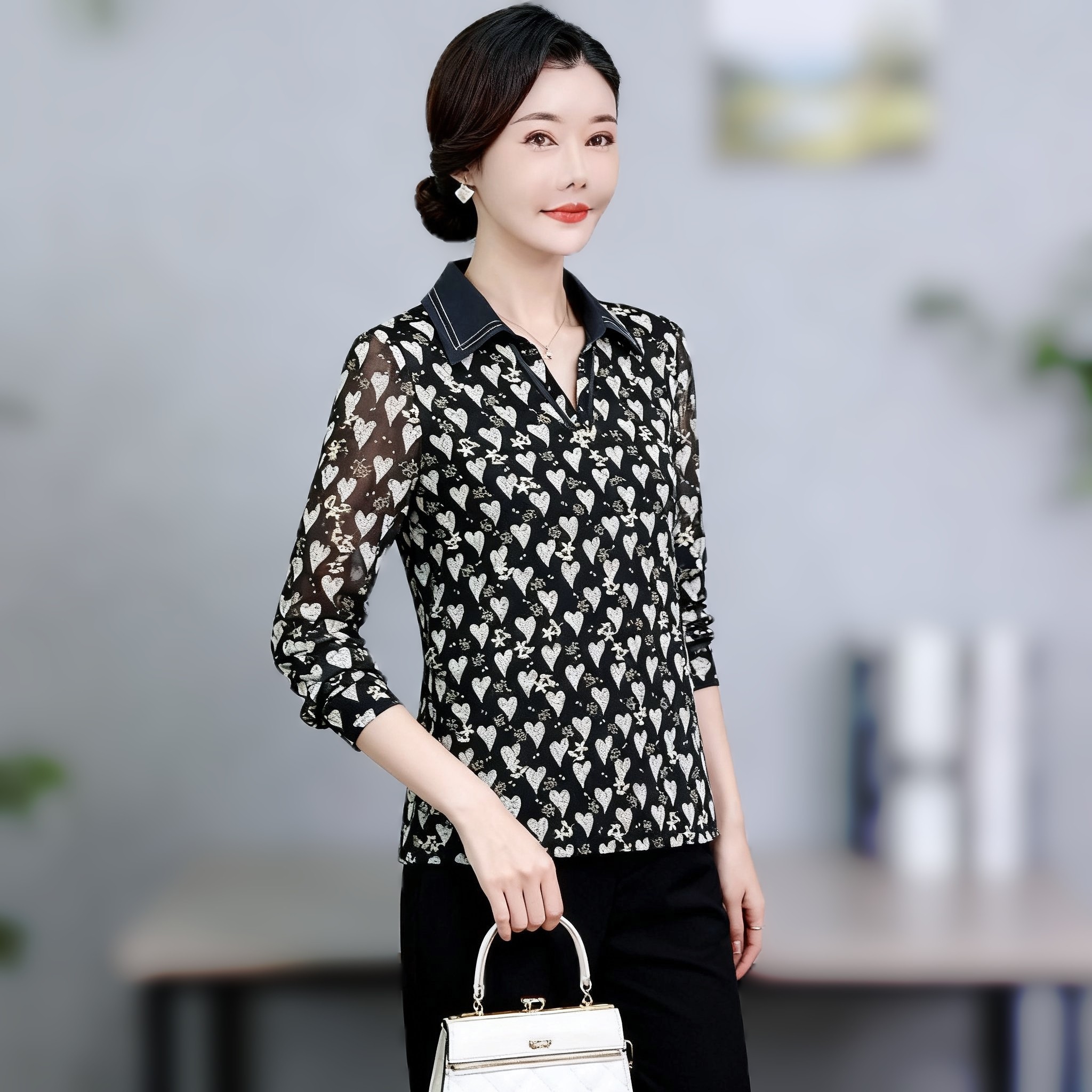 中年妈妈网纱速干长袖上衣