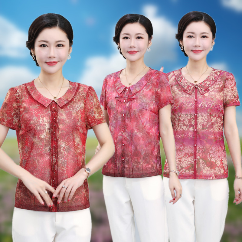 时尚中年妈妈夏装小衫新款短袖台湾网纱t恤50洋气女装上衣薄冰丝