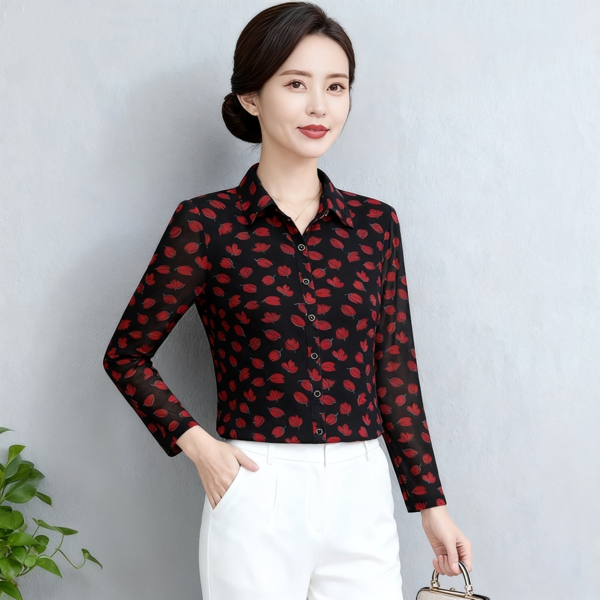 时尚中年妈妈春秋夏装长袖衬衫