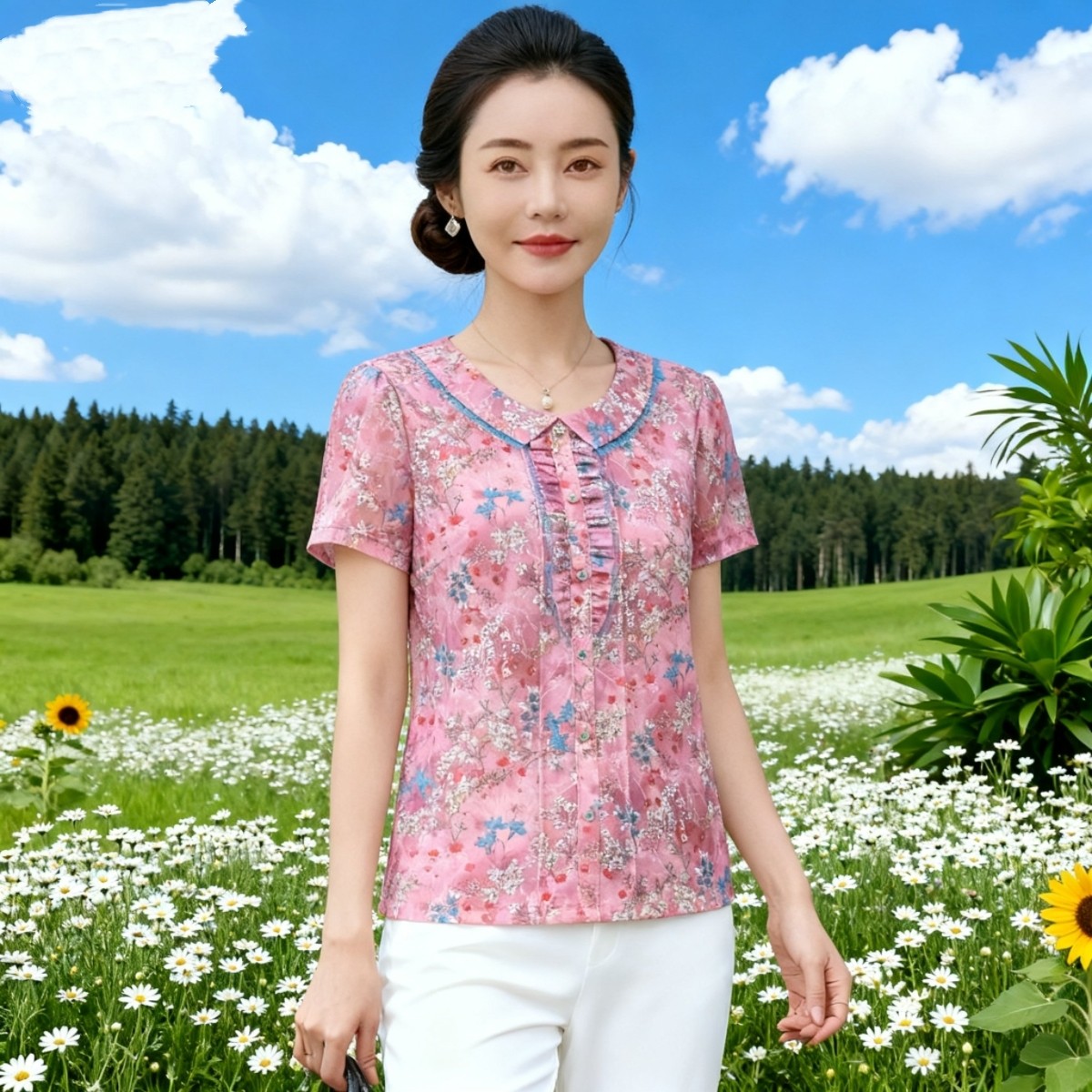 妈妈夏装网纱速干木耳边短袖T恤