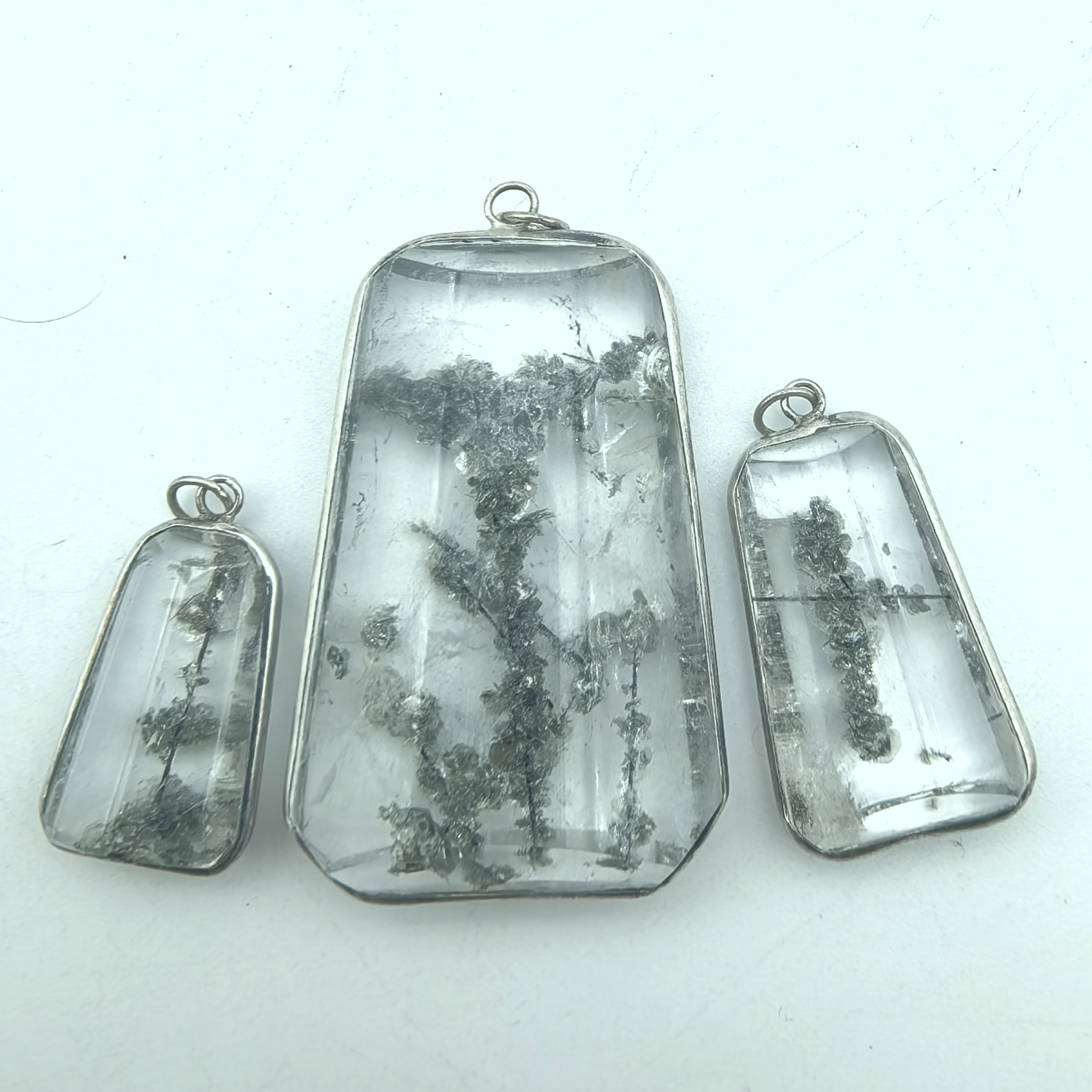 三生万物雾凇晶华～天然黑发水晶晶矿银包边吊坠挂件套装A44-65