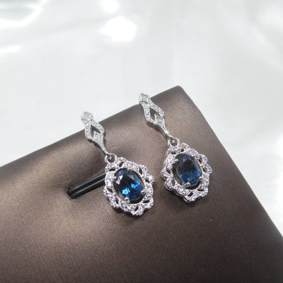 925银针天然石复古镶钻耳钉托帕石耳环耳饰品原创设计设深蓝52201