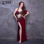 女酒红色 镶钻文胸长裙练功套装 舞姿翼肚皮舞表演出服装 女2026新款