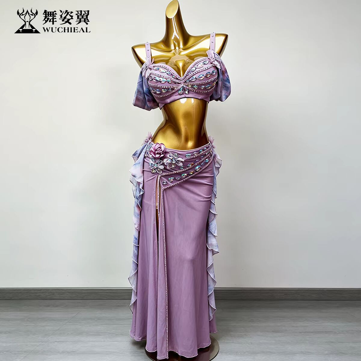 粉色肚皮舞表演出服套装团体比赛