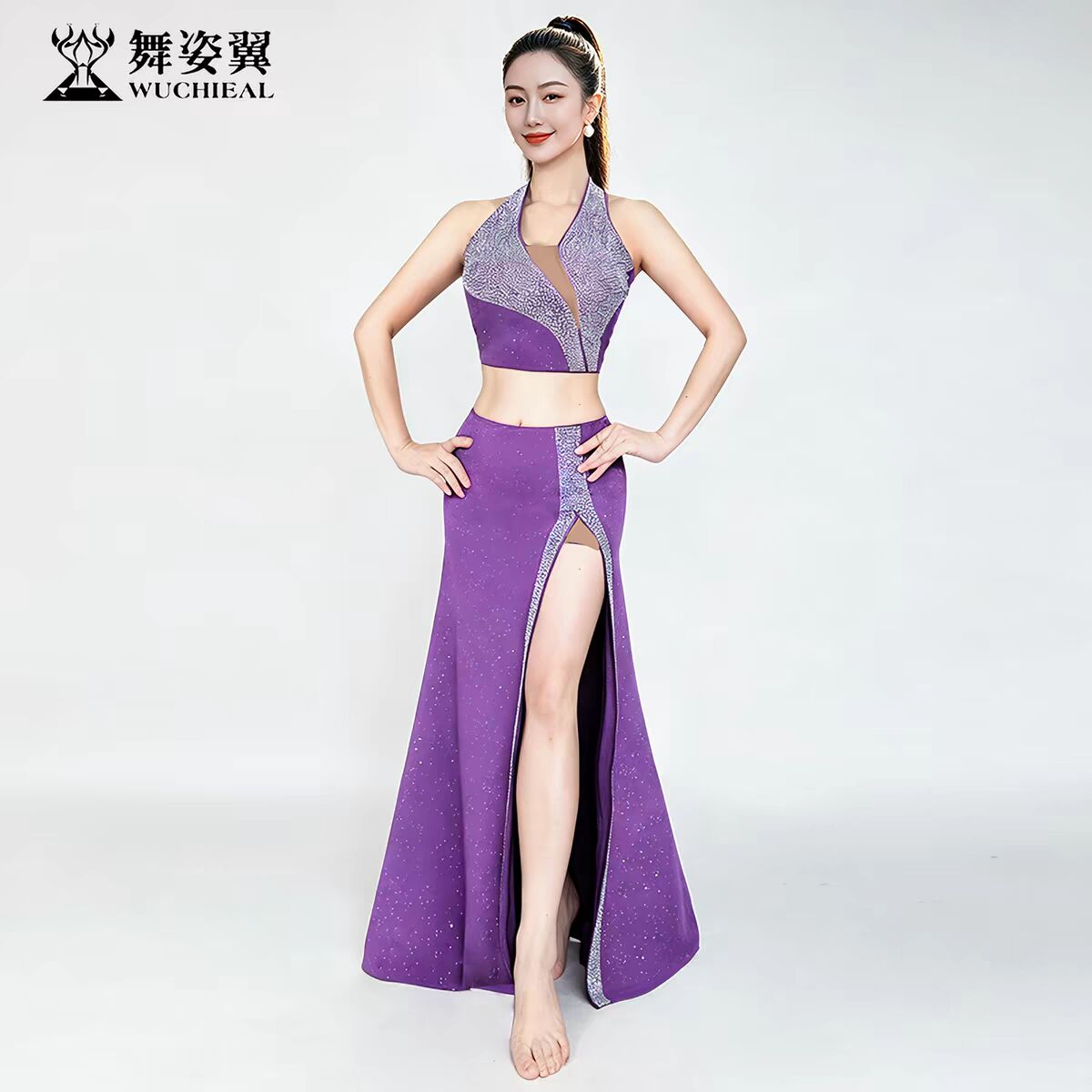 黑色紫色肚皮舞表演出服套装练习