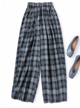 万搭中性风印花干丝格纹裤！九分裤真丝松紧腰哈伦裤桑蚕丝休闲裤