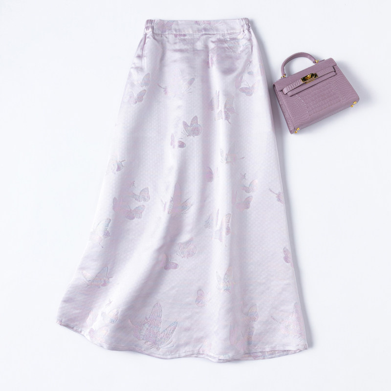 &ldquo;流光缀梦，粉紫蝶影&rdquo;奢品桑蚕丝金通正绢！松紧腰小A半身裙