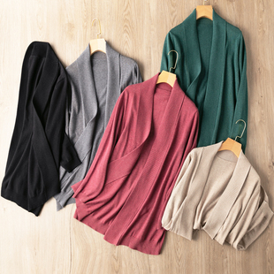 针织开衫 慵懒风实穿桑蚕丝羊绒混纺翻领长袖 外套纯色毛衣 清 断码