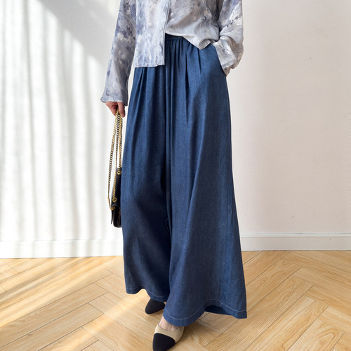 桑蚕丝丹宁风阔腿裤纯绢丝九分裤