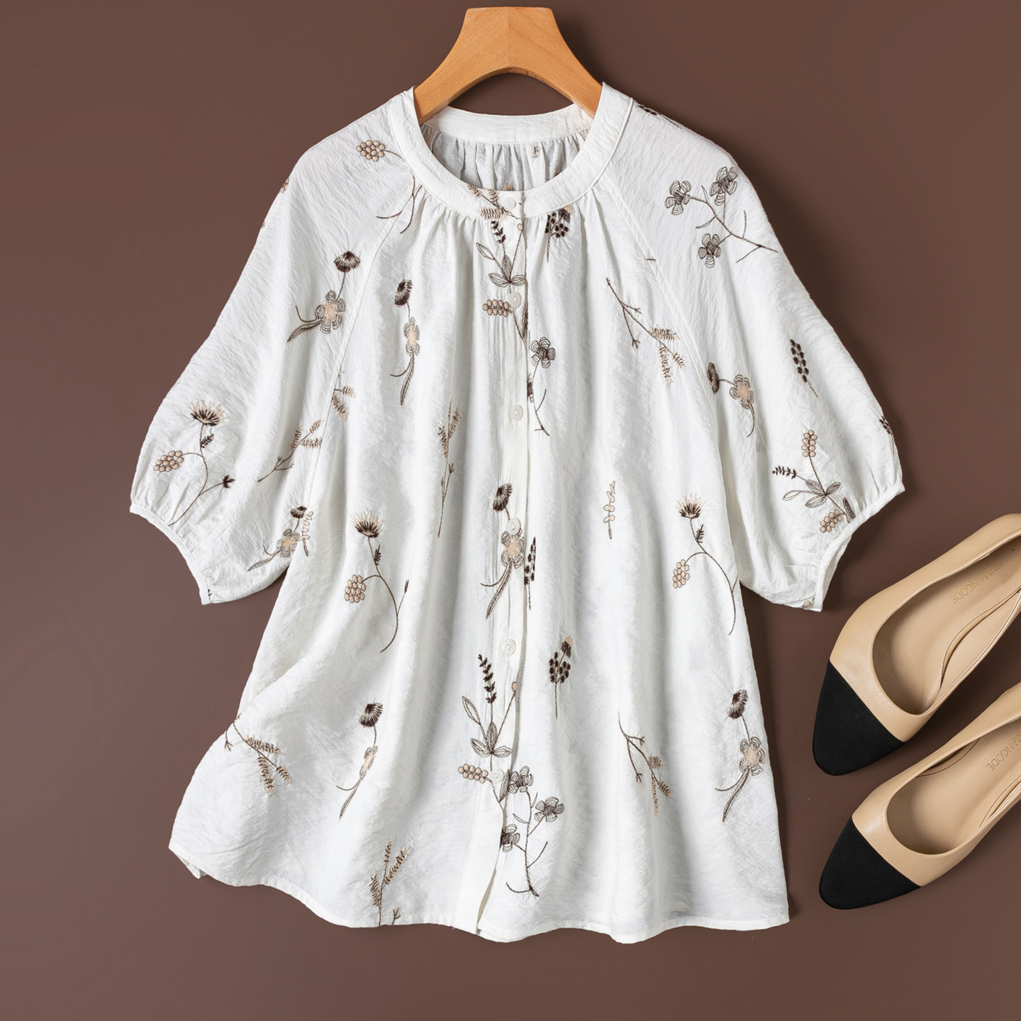 盐系清冷绣花真丝！宽松版干丝小立领灯笼袖桑蚕丝上衣T恤衬衫女