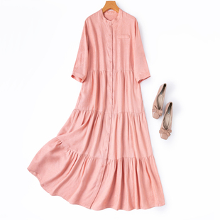 连衣裙春 真丝提花立领七分袖 100桑蚕丝重磅绢丝大摆蛋糕衬衫 裙