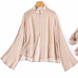 蚕丝衬衫 肤粉色小披肩半透长袖 立领盘扣真丝防晒外套 温婉女子