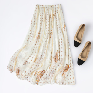 剪花绡半身裙 真丝松紧腰白底碎花双层飘逸度假风长裙沙滩裙春夏