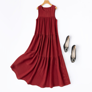 蛋糕裙长连衣裙 复古日系透气泡泡皱真丝肌理感无袖 胶片感红裙