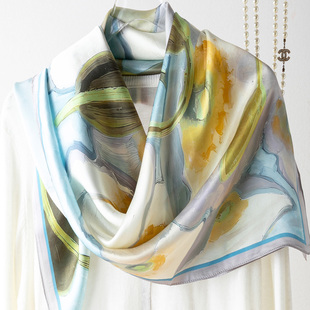 淡雅油画质感！治愈系真丝素绉缎丝滑大方巾披肩蚕丝艺术围巾丝巾
