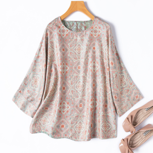 T恤桑蚕丝精致提花衬衫 国风真丝宽松七分袖 双面穿 花罗蜀锦