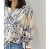 国风青花瓷 直筒上衣衬衣春新 长袖 原创设计 真丝双绉V领灯笼袖