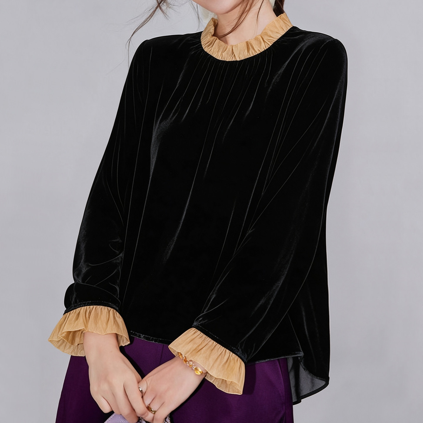 木耳边真丝丝绒衬衫长袖秋黑色图片