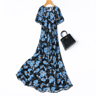 真丝圆领短袖 1.25米裙长 鱼尾连衣裙长裙 显瘦斜裁 婀娜人鱼裙