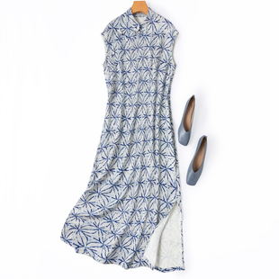 桑蚕丝古朴扎染风改良旗袍 开叉连衣裙 复古国风真丝绢丝立领修身