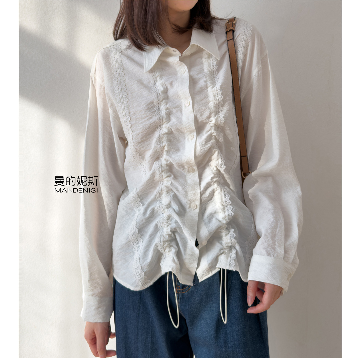 真丝设计感法式抽绳衬衫！干丝桑蚕丝蕾丝方领长袖开衫白色上衣春