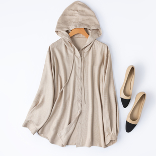 休闲百搭 100纯真丝提花绢丝桑蚕丝落肩长袖宽松外套米色连帽衬衫