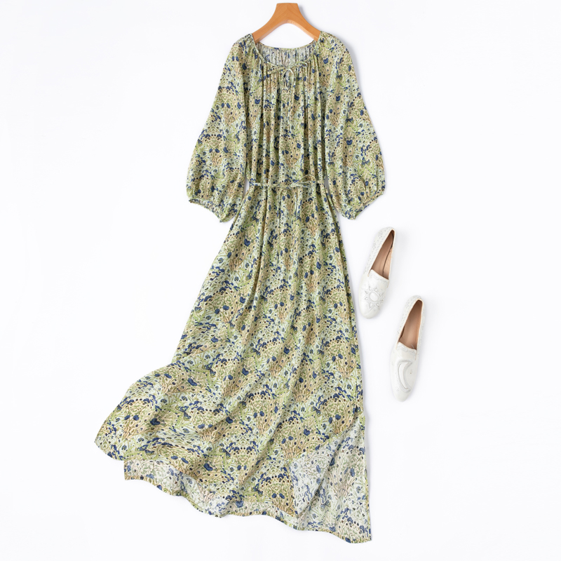 裙长1.2米！真丝灯笼袖连衣裙