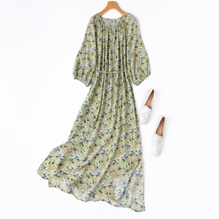 好面料真丝圆领八分灯笼袖 裙长1.2米 连衣裙开叉 黄蓝碎花梦