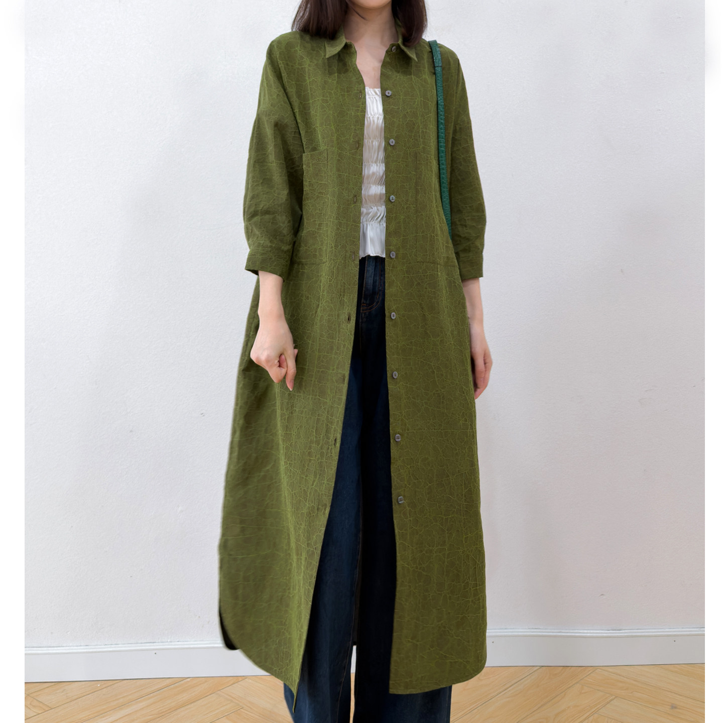 稀有高货！气质橄榄绿龟！加长真丝龟裂纹香云纱宽松衬衫裙大码