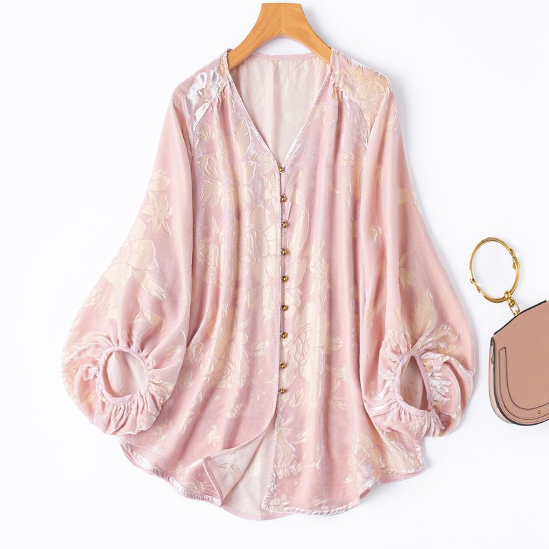 粉色金线烂花绒真丝灯笼袖衬衫秋