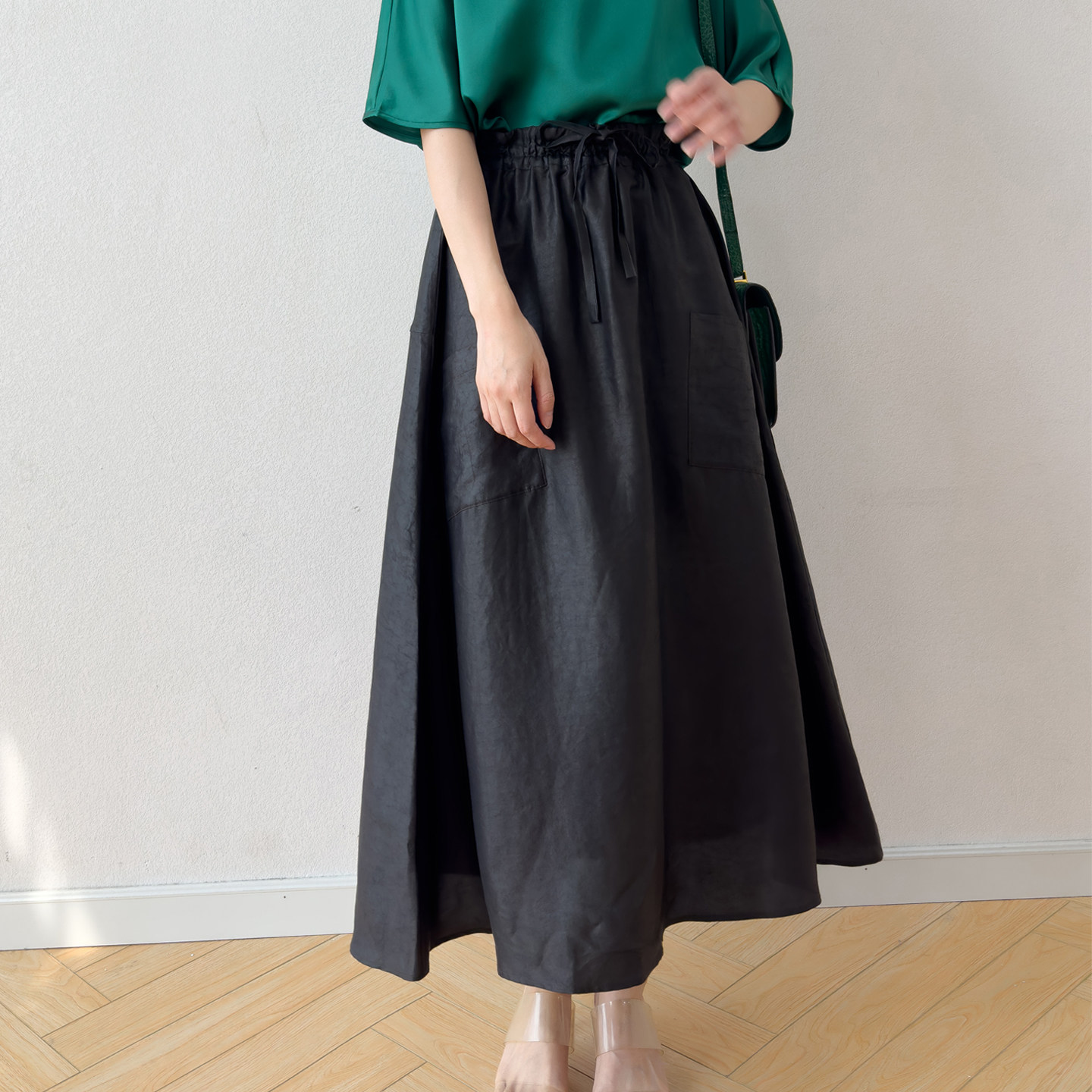 黑色龟纹香云纱工装A字半身裙！真丝桑蚕丝花苞腰复古口袋长裙