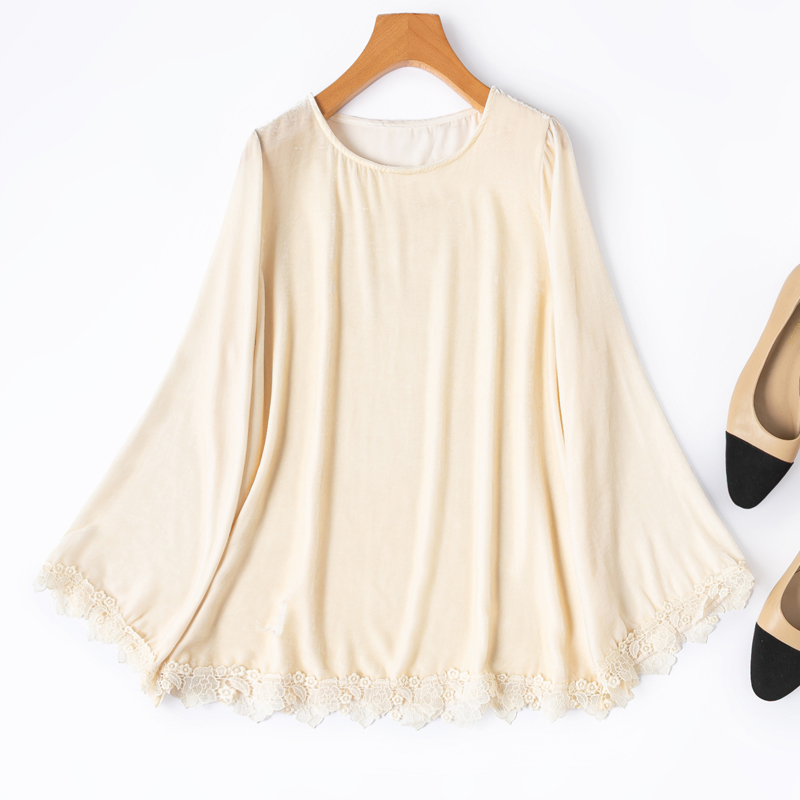 复古真丝丝绒拼接蕾丝奶白色T恤