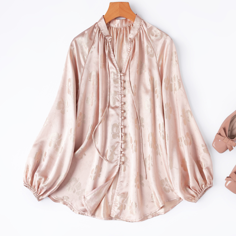 轻盈波光~金皮提花缎真丝衬衫V领