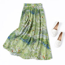 莫奈油画风“浮花觅蕊”桑蚕丝飘逸大摆裙真丝度假风半身长裙绿色