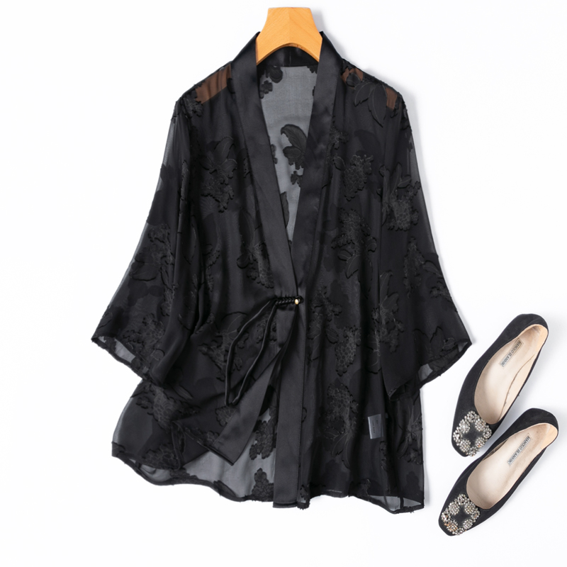 国风汉服！真丝剪花绡七分袖开衫