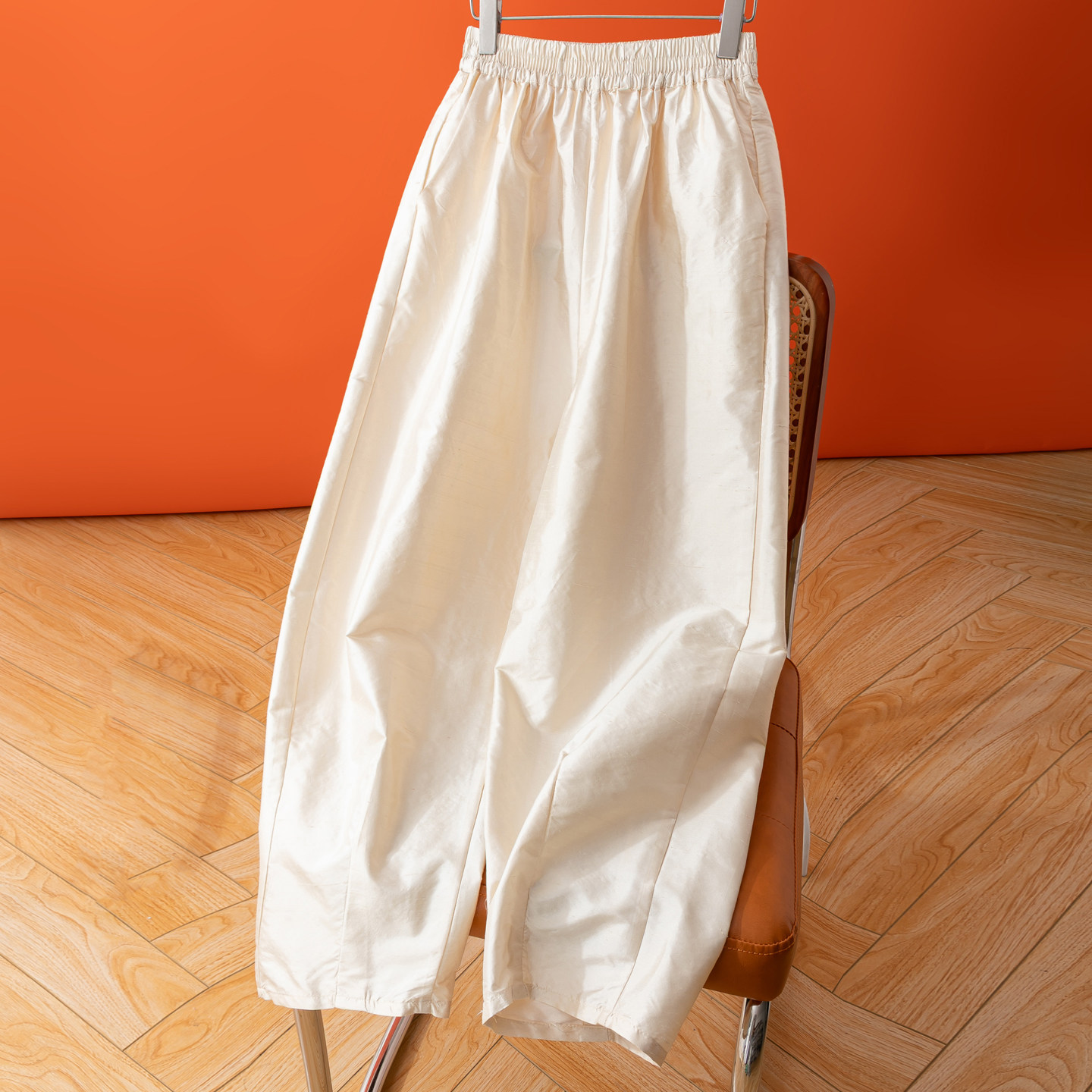 双宫真丝！！有廓型香槟米九分裤松紧腰哈伦裤桑蚕丝口袋休闲裤女