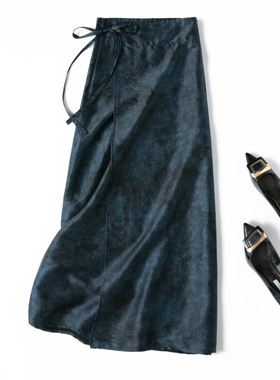 蓝色鎏金缎！真丝一片式围裹裙！古法香云纱新中式半身裙长裙