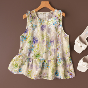 T恤桑蚕丝 金线丝绒烂花真丝宽松无袖 JI繁绒花 精致荷叶边背心