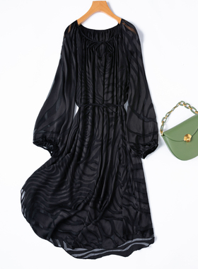 性价比高！烂花绡双层桑蚕丝黑色剪影真丝长袖连衣裙宽松大码中裙