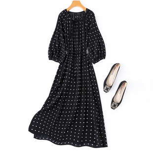 裙长1.2米 开叉连衣裙新 简约黑白点点好面料真丝圆领八分灯笼袖