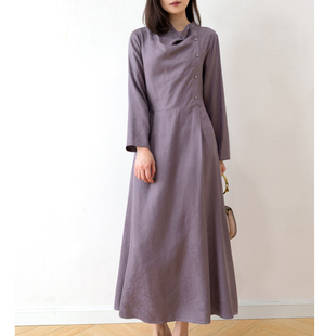真丝提花长袖 豆沙紫荡领连衣裙 A字长裙春夏 绢丝桑蚕丝 加长款