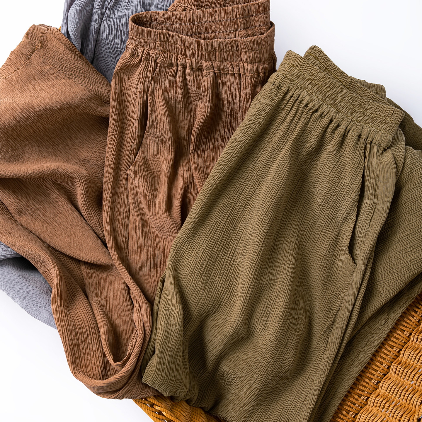 树皮皱真丝弯刀裤！休闲自在哈伦裤长裤桑蚕丝松紧腰口袋收脚裤