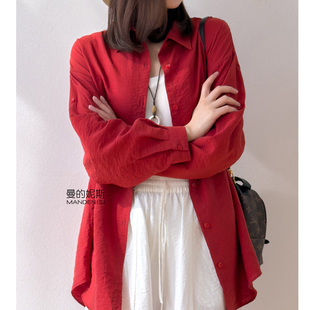 防晒大红真丝中长衬衣!干丝休闲落肩袖宽松开衫桑蚕丝女式大衬衫