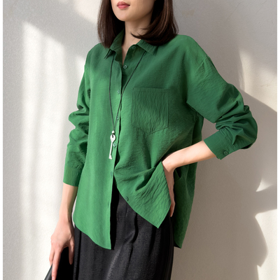 显白精灵绿！真丝干丝落肩袖衬衫