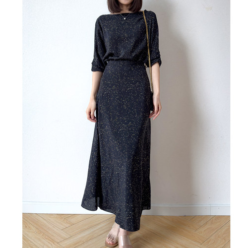 黑色繁星真丝双绉加长连衣裙