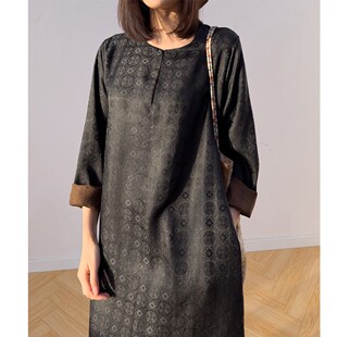 裙长1.35米！宝相花花罗香云纱！真丝圆领长袖宽松开叉直筒连衣裙