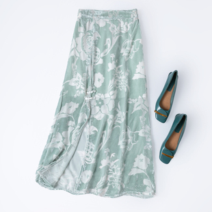 治愈水绿色~奢华真丝烂花绒气质文艺半身裙松紧腰开叉桶裙长裙新