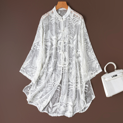 轻国风绣花长衬衫半透视真丝防晒