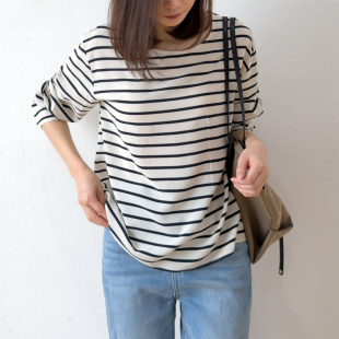 条纹控BI入 宽松T恤春夏女 高质感真丝简约百搭休闲圆领落肩长袖